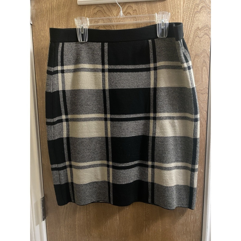Melissa Paige Skirt Straight Pencil Stretch Beige & Black Metallic Plaid Size XL